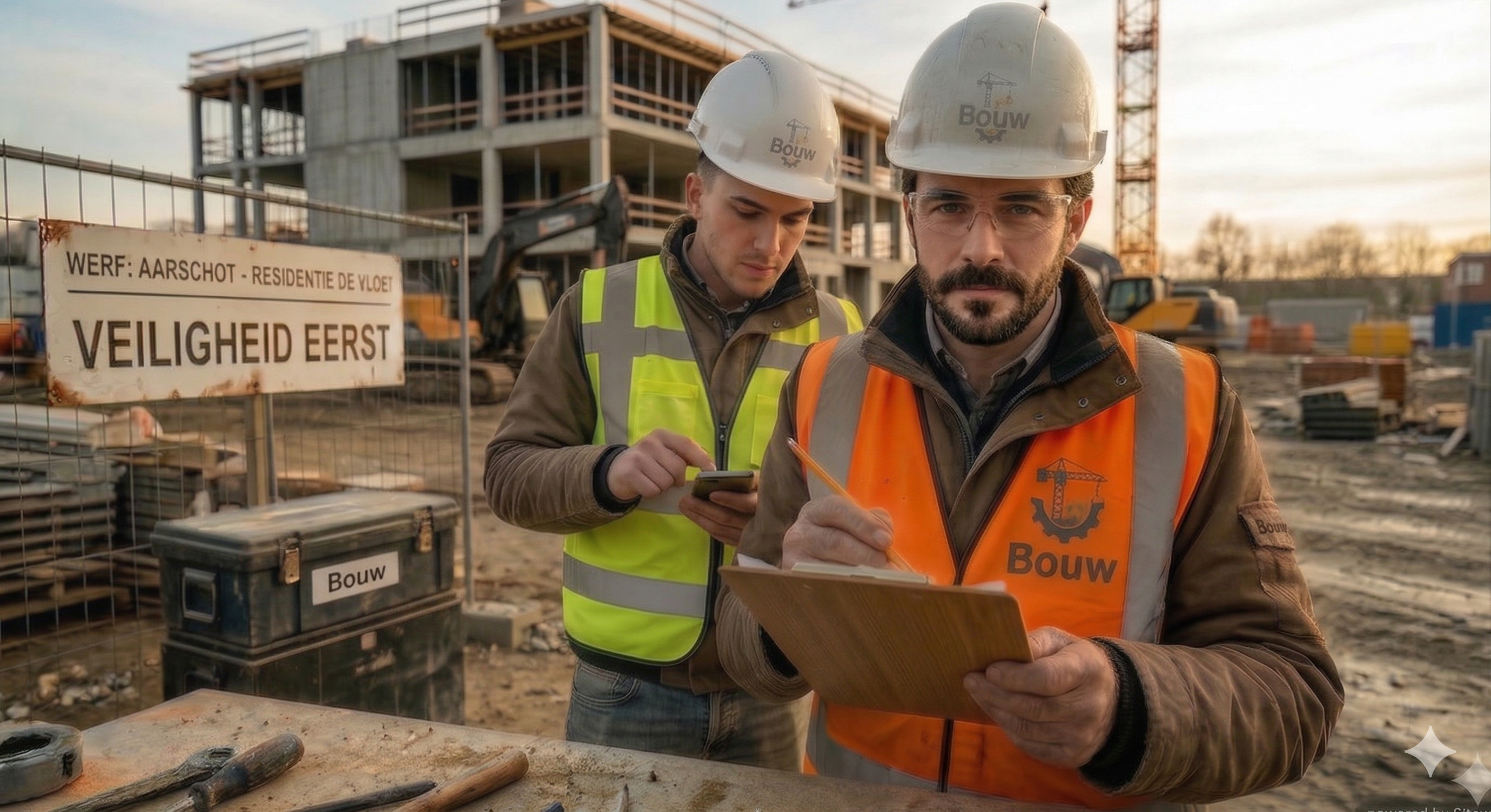 Werfmedewerkers op de bouwplaats die met checklist en smartphone werken